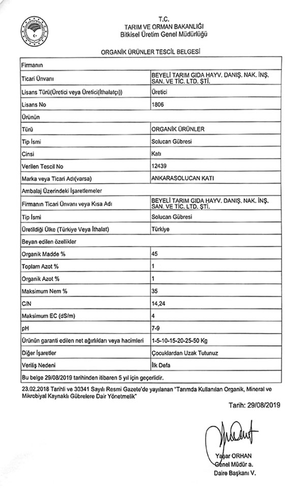 Organik Ürünler Tescil Belgesi